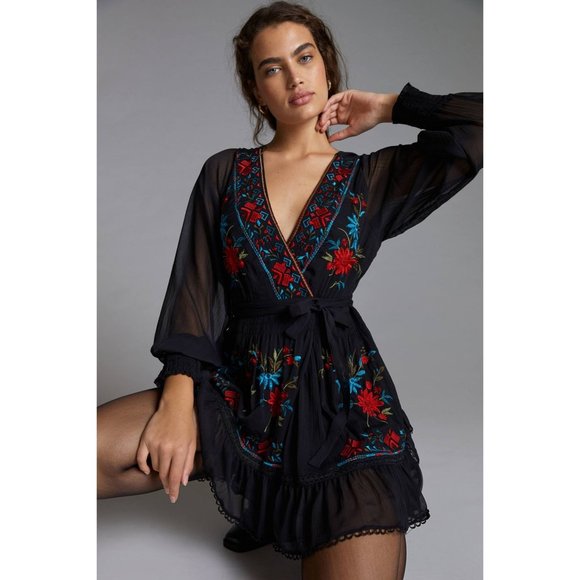Anthropologie Not So Serious Embroidered Wrap Mini Dress - Picture 1 of 10
